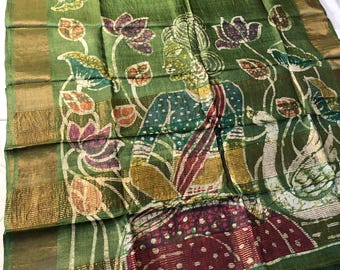Hand-Painted Tussar Silk Saree: Artisan Certified Handloom Wrap Wedding Gift Sari
