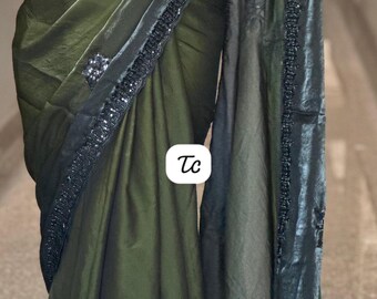 Olive Green Black Ombre Saree | Shimmer Tissue Organza | Black Sequin Floral Cocktail Sari