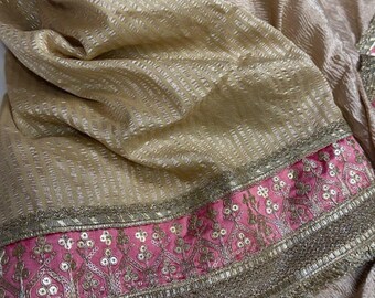 Dazzling Bespoke Striped Kora Tissue Rangkat Saree, Multiple Natural Laces Celebration Sari Masterpiece