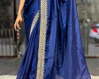Navy Blue Raw Silk Saree | Hand Embroidered Zari Border | Cocktail Party Sari