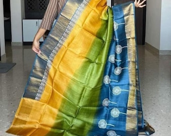 Muga Tussar Silk Saree, Kalamkari Floral Handloom, Wedding Saree