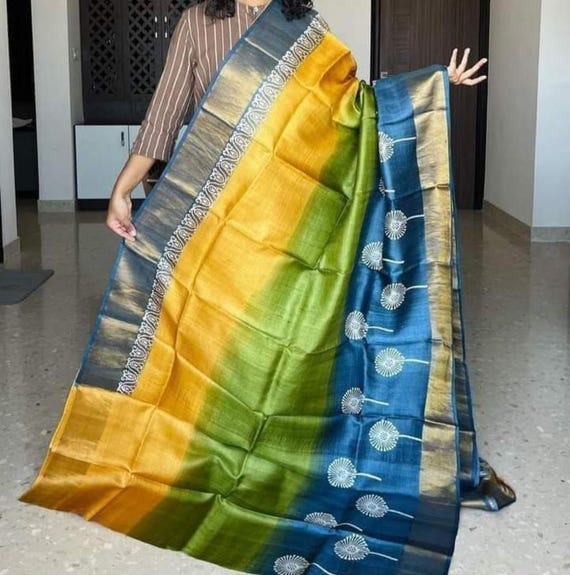 Muga Tussar Silk Saree, Kalamkari Floral Handloom, Wedding Saree