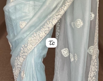 Ice Blue Tissue Organza Saree | White Elephant Embroidery | Pastel Summer Wedding Sari