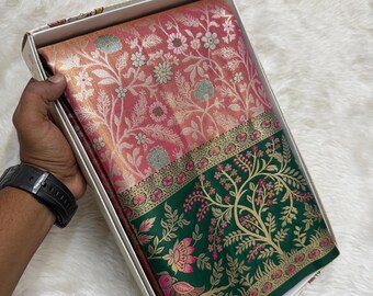 Copper Gold Banarasi Silk Saree | Green Meenakari Floral Border | Striped Brocade Bridal Gift Sari