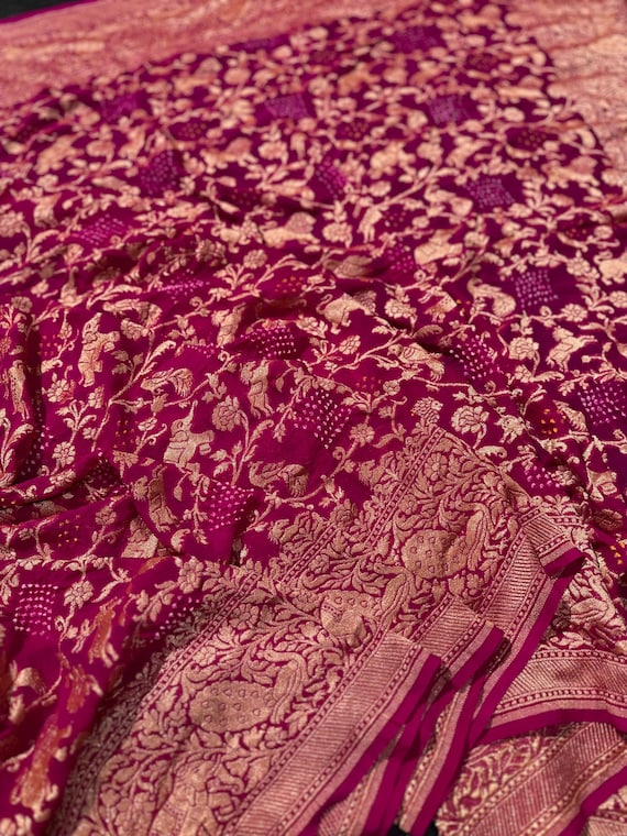 Handloom Banarasi Khaddi Georgette Saree, Bandhej Silk Weave