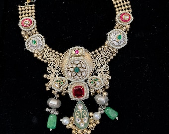 Handmade Kundan Necklace Set, Multi Color Stone Beaded Jewelry