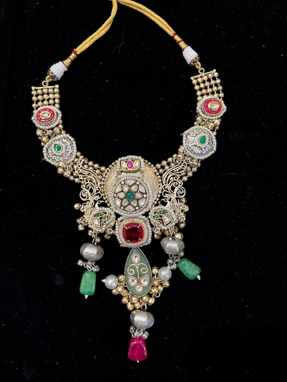 Handmade Kundan Necklace Set, Multi Color Stone Beaded Jewelry