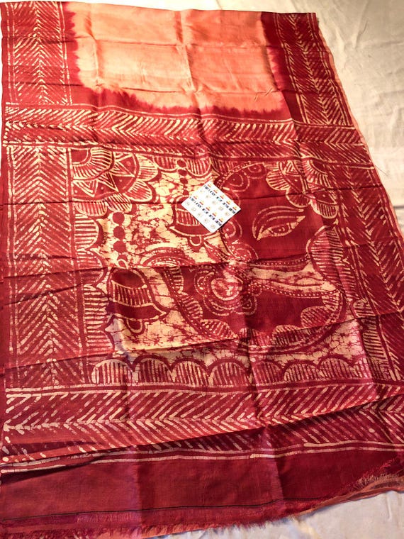Handloom Tussar Silk Saree, Bishnupur Weave, Eco Leaf Print