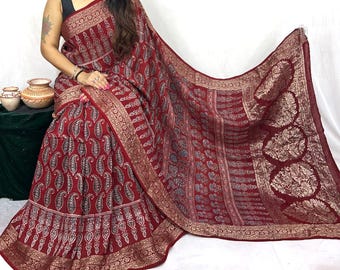 Natural Dye Ajrakh Dola Silk Saree | Hand Block Print Zari Border | Heritage Wrap