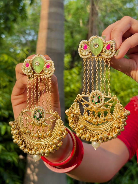 Handmade Gold-Tone Jhumka Ear Chains | Green Pink Stone Indian Earrings