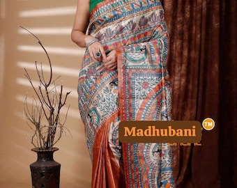 Hand-Painted Tussar Madhubani Silk Saree: Artisan Certified Handloom Wrap Wedding Gift Sari