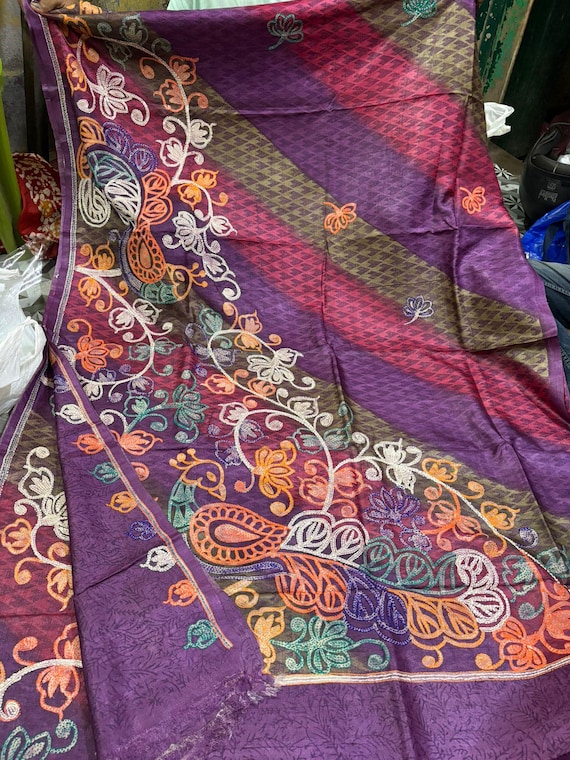 Handloom Tussar Silk Saree, Kaantha Stitch, Block Print, Silk Mark Certified