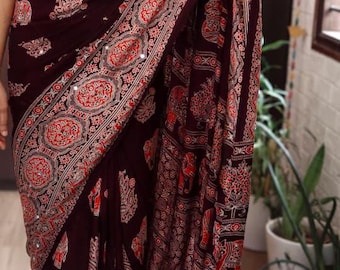 Deep Maroon Block Print Saree | Ajrakh Motif & Mirror Work | Boho Ethnic Sari