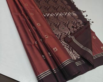 Handloom brown Double Katan Silk Banarasi Saree, Silk Mark Certified
