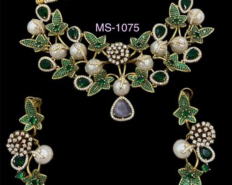 Handmade Kundan Jewelry, Green Rhinestones, Indian Artisan Bridal Jewelry