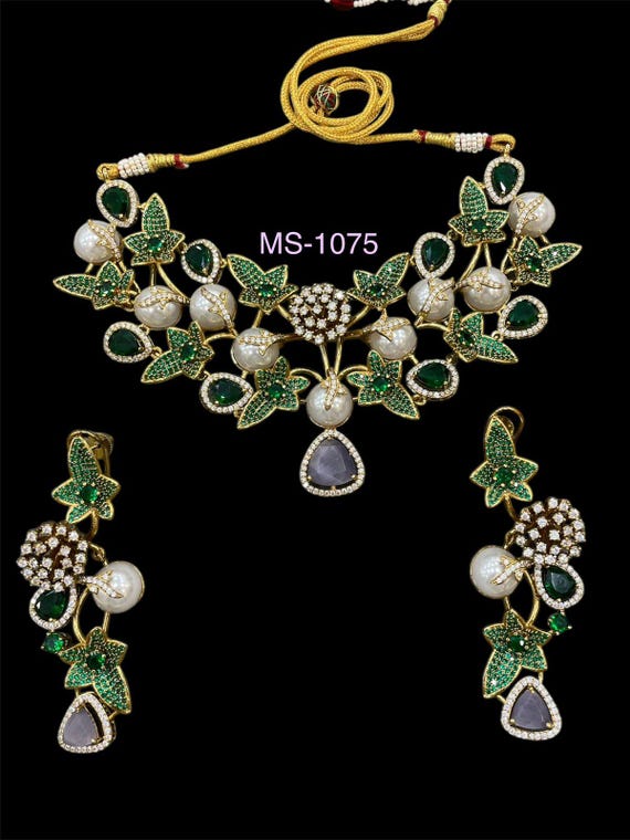 Handmade Kundan Jewelry, Green Rhinestones, Indian Artisan Bridal Jewelry