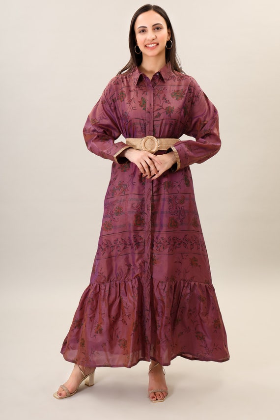 Boho Silk Maxi Dress, Psychedelic Print Long Flare Dress