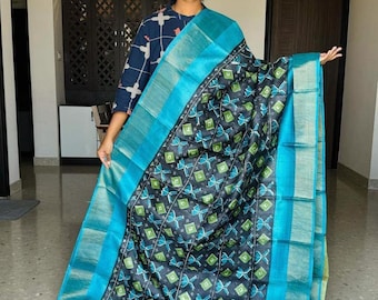 Handloom Muga Tussar Silk Saree, Kalamkari Floral Print, Wedding Saree