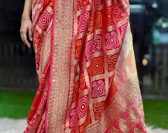 Red Gharchola Bandhani Saree | Gold Zari Banarasi Weave | Indian Bridal Sari