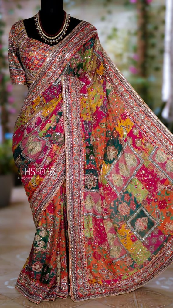 Pure Chinnon Ajrakh Saree | Real Mirror & Kundan Handwork | Ready Made Blouse Wrap