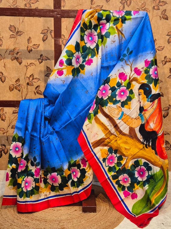 Handloom Katan Silk Saree, Bishnupur Block Print, Wedding Sona Ropa