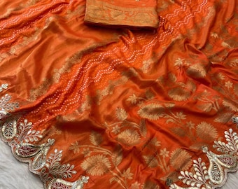 Bandhej Tissue Meenakari Saree: Varanasi Handloom Weaving, Gota Work Border