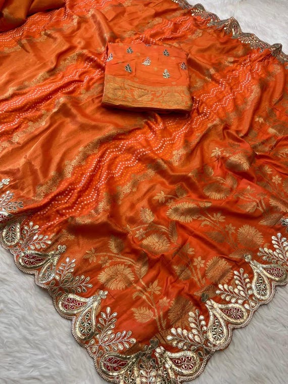 Bandhej Tissue Meenakari Saree: Varanasi Handloom Weaving, Gota Work Border
