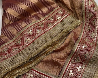 Dazzling Bespoke Striped Kora Tissue Rangkat Saree, Multiple Natural Laces Celebration Sari Masterpiece