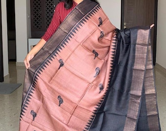 Muga tussar Silk Saree, Wedding Blouse Saree, Abstract Kalamkari Flower Handloom One piece Saree, Wedding gift SareeBlouse, tassels on pallu