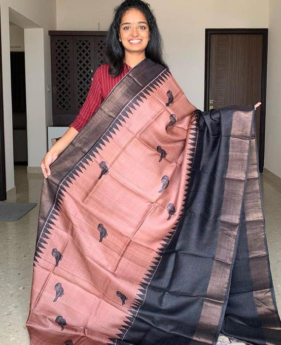 Muga tussar Silk Saree, Wedding Blouse Saree, Abstract Kalamkari Flower Handloom One piece Saree, Wedding gift SareeBlouse, tassels on pallu