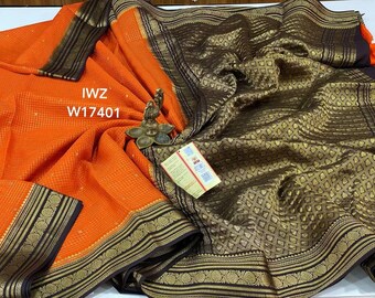 Orange Gold checks Mysore Silk Saree: Handloom Zari Bridal Pattu