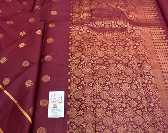 Pure Kanjeevaram Silk Saree | Burgundy Gold Zari Butti, Heavy Brocade Pallu, Bridal Indian Sari