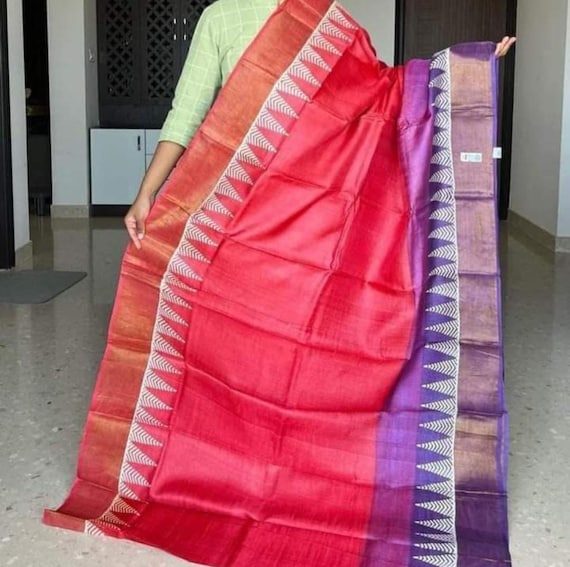 Handloom Muga Tussar Silk Saree, Abstract Kalamkari Floral Print