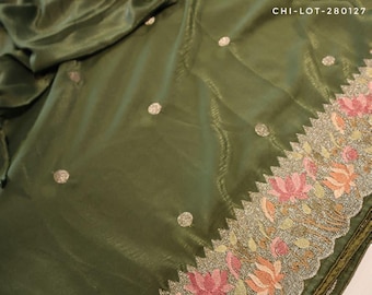 Olive Green Soft Silk Saree | Scalloped Floral Embroidered Border | Mehendi Sari