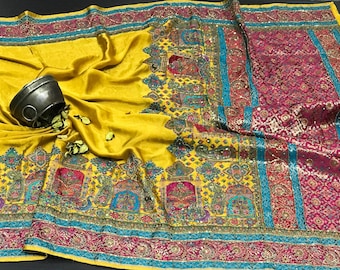 Yellow Mashroo Silk Haldi Saree | Cutdana Handwork Border | Peacock Kanni Print | Indian Wear