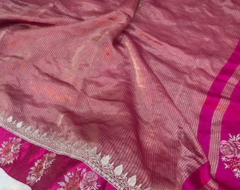 Radiant Handloomed Metallic Tissue Silk Saree, Magnificent Satin Katan Rose Embroidered Sari Masterpiece