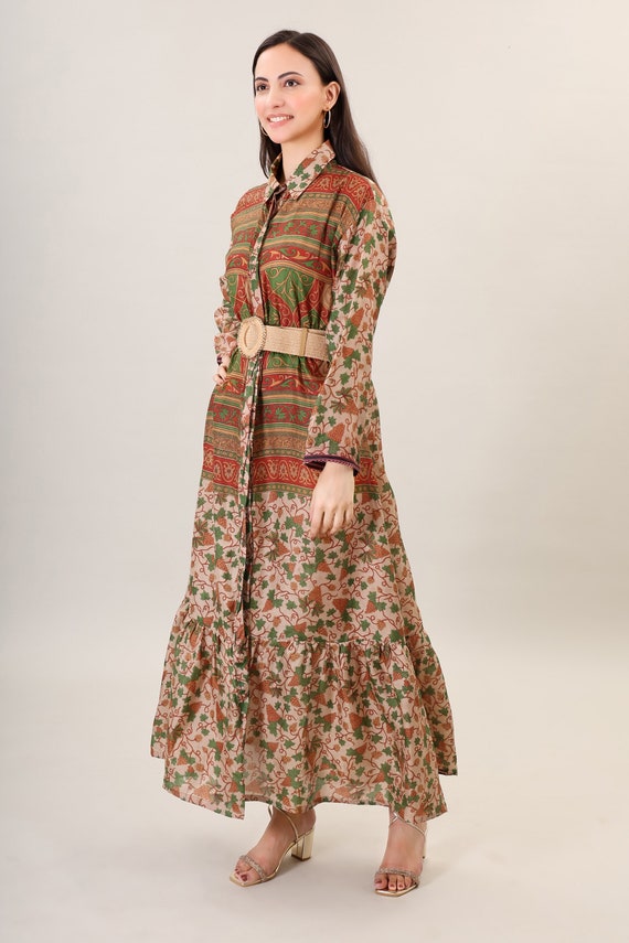 Printed Silk Maxi Dress, Bohemian Long Flare Gown