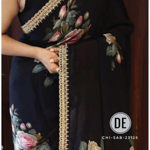 3D bloemenpatroon, pure handgeweven chiffon zijden sari | Exclusieve designer rand | Feestelijke omslagdoek
