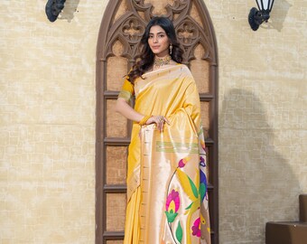 Soft Silk Paithani Saree, Zari Weave, Handloom Flower Design, Wedding Saree