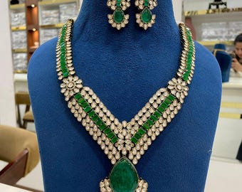 Handmade Kundan Bridal Jewelry Set, Green Rhinestone Beaded Necklace