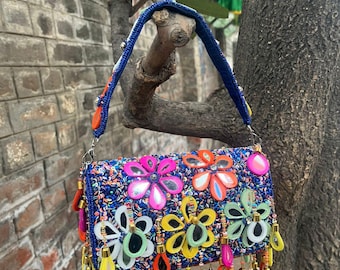 Blue Mirror Flower Boho Bag | Colorful Beaded Fringe Purse | Maximalist Festival Handbag