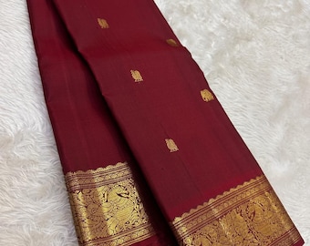 Deep Maroon Kanjeevaram Silk Saree | Gold Zari Peacock Border | Traditional South Indian Bridal Sari