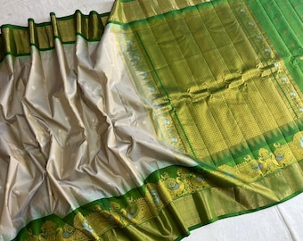 Enchanting Kanchi Pattu Turning Meena Saree, Silver Booti Big Temple Border Sari Masterpiece