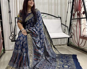 Natural Dye Ajrakh Dola Silk Saree | Hand Block Print Zari Border | Heritage Wrap