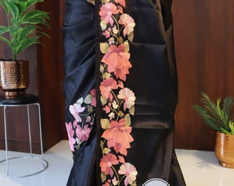 Black Tussar Silk Saree, Parsi Floral Embroidery, Indian Wedding Party Wear
