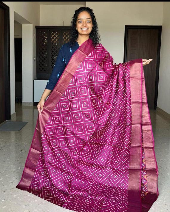 Muga Tussar Silk Saree, Handloom Kalamkari Floral Print, Wedding Saree