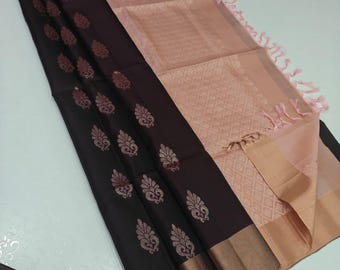 Handloom Grey Double Katan Kanchijivaram soft Silk Saree, Silk Mark Certified