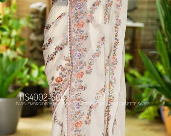 Pure Georgette Saree | Parsi Embroidery Leheriya Pattern | Ivory Floral Wedding Sari