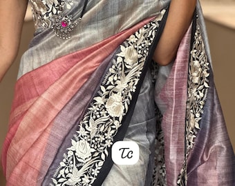 Ombre Striped Raw Silk Saree | White Floral Embroidered Border | Elegant Party Wear Sari