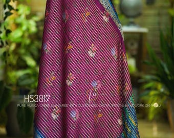 Pure Munga Crepe Silk Saree | Digital Floral Print & Handwork | Indian Wedding Wear